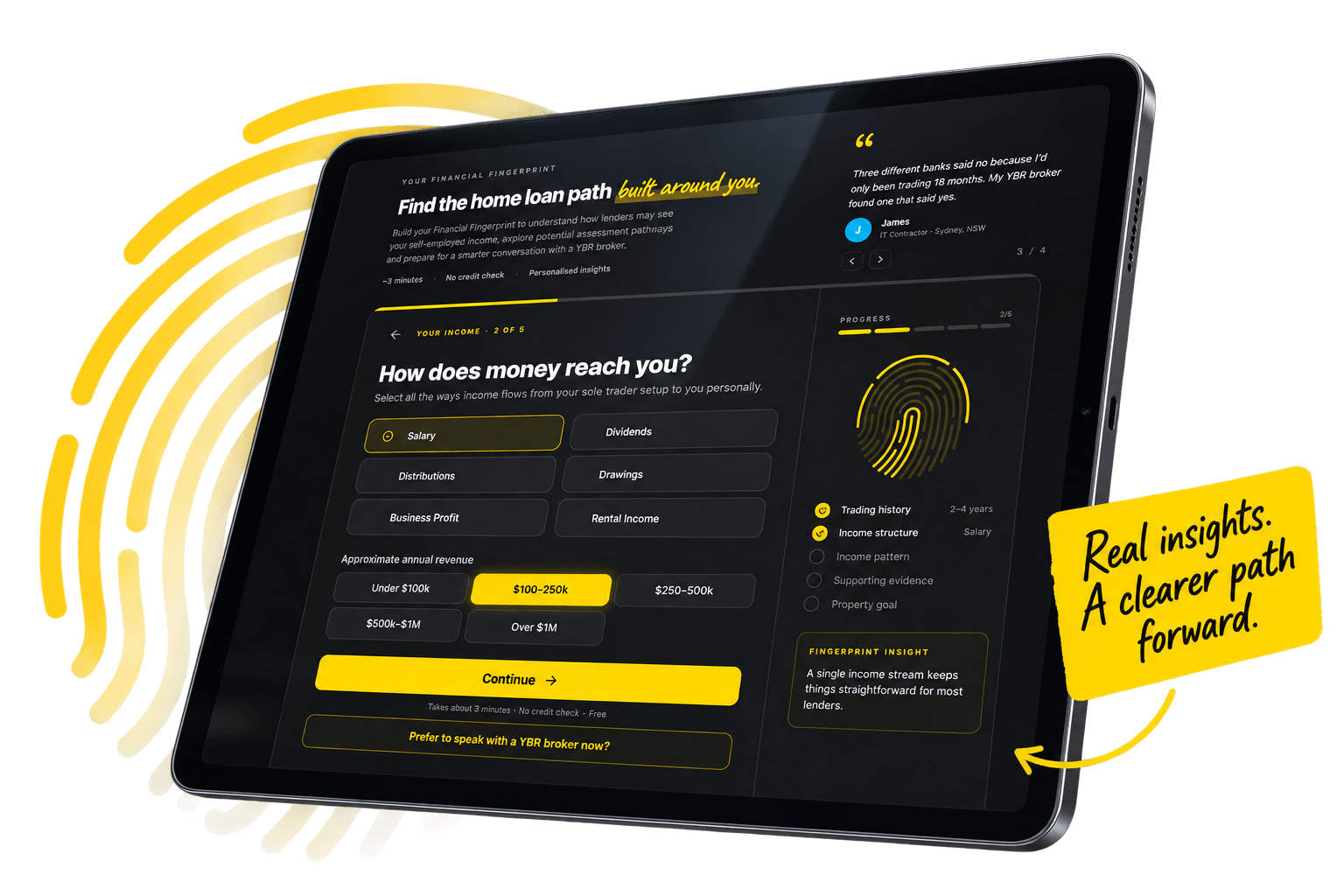 Interactive tablet interface for Yellow Brick Road Home Loans, guiding users through their financial fingerprint for mortgage insights.