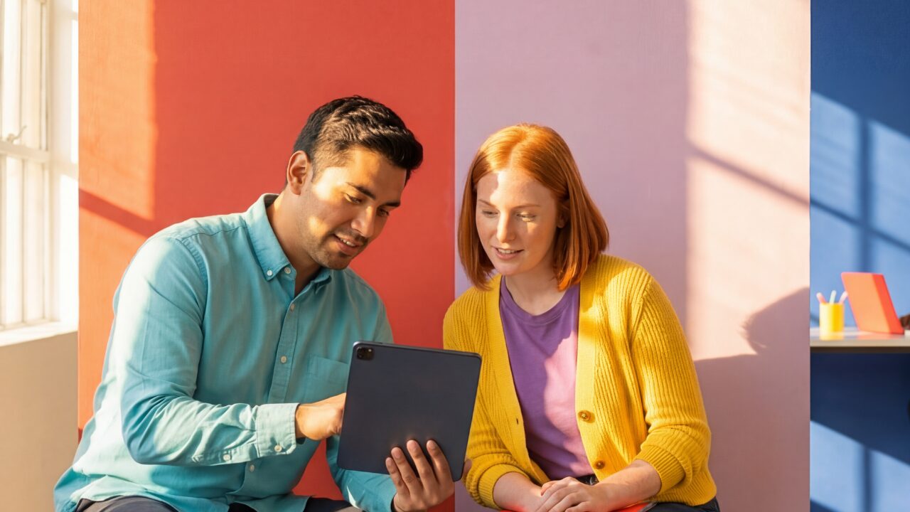 Couple discussing home loan options on a tablet, exploring cashback deals with Yellow Brick Road Home Loans.