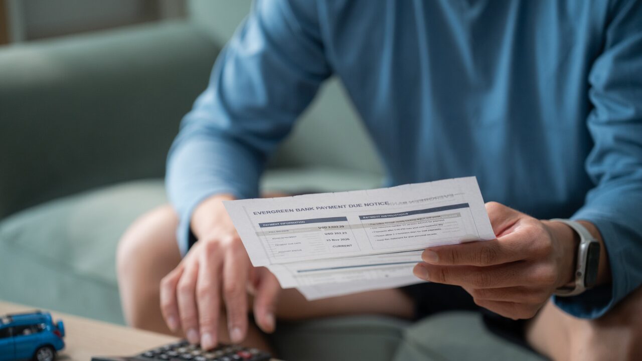 A person reviews a bank payment notice while considering home loan features like offset and redraw options.