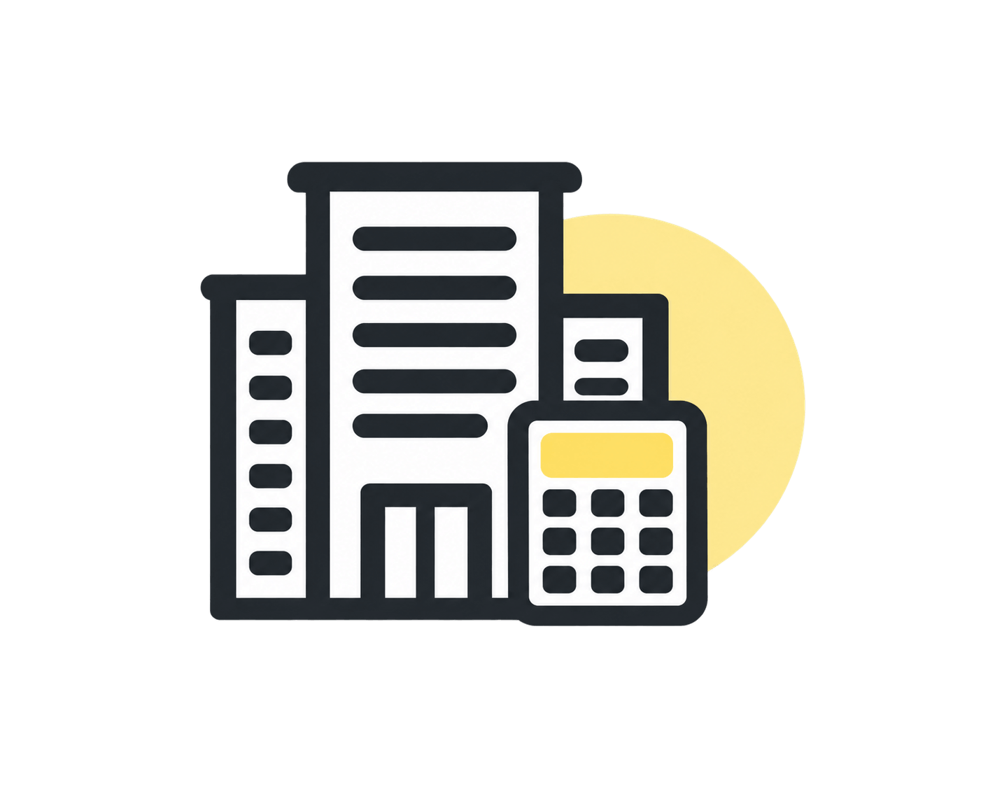 Stylized buildings and a calculator representing Yellow Brick Road Home Loans' mortgage broking services.